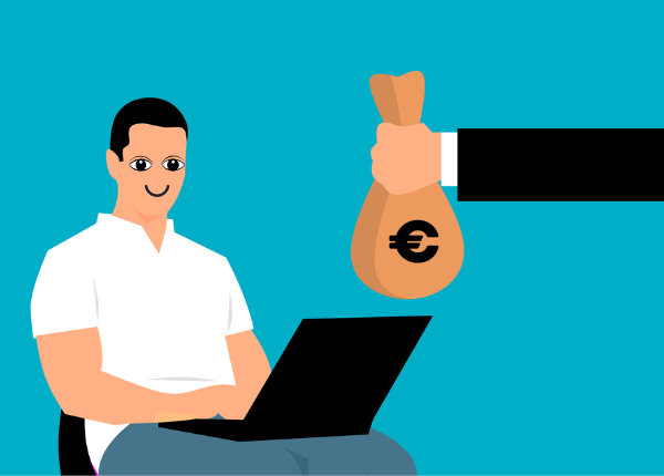 Piktogramm: Mensch sitzt am Laptop und lacht, eine Hand reicht einen Sack mit €