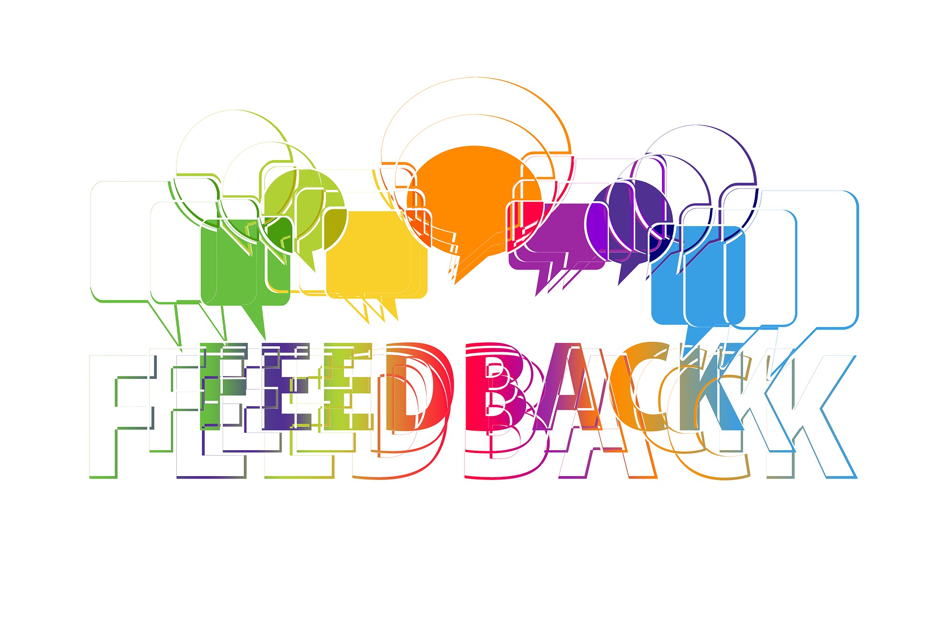 Grafik: aus bunten Buchstaben FEEDBACK steigen bunte Sprechblasen auf